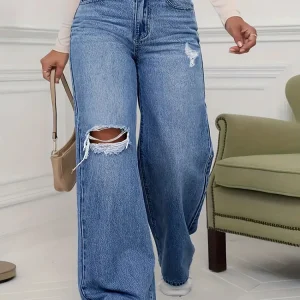 Women's Jeans Denim Pants Wide Leg Vintage Distressed Ripped Trousers 2025 Streetwear Washed Pockets Floor Length Hole Jeans