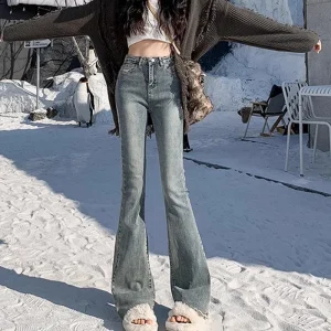 2024 Woman High Waist Vintage Flare Jeans Female Gothic Elastic Bell Bottom Pants Lady Streetwear Blue Black Grey Denim Trousers