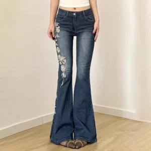 Women Retro Y2k Jeans Baggy Floral Embroidery Jeans Vintage 2000s Low Rise Flared Denim Pants High Street Basic Trousers