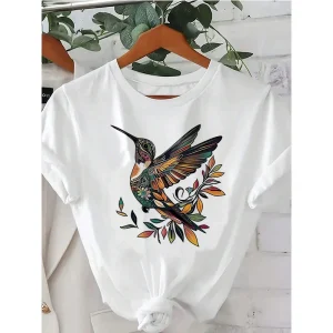 Vibrant Hummingbird Print Short Sleeve T Shirt Women's Colorful Floral Design Causal T-shirt Clothes Graphic Vintage Tees Tops